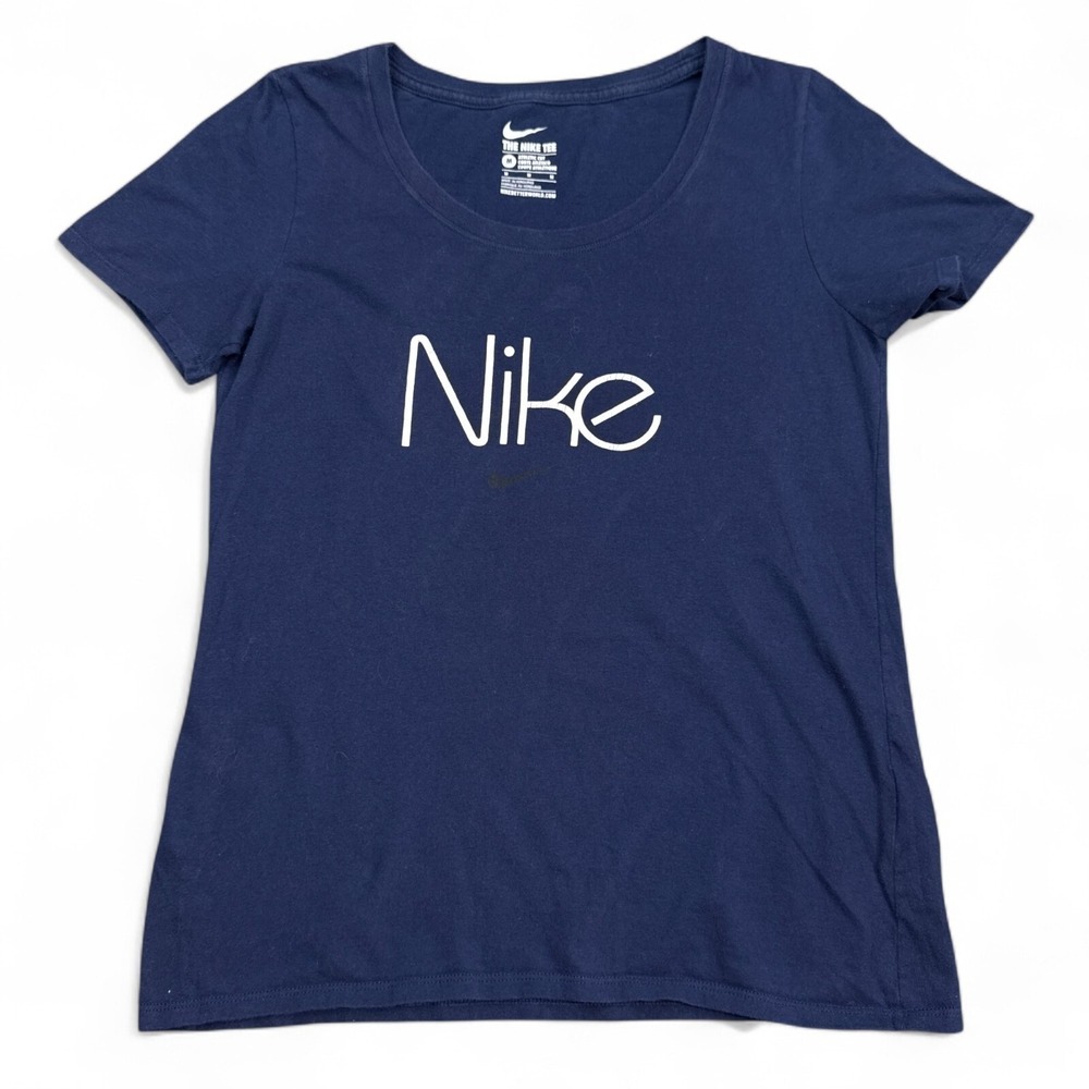 Nike Tee Shirt Top Womens Size Medium Navy Blue Athletic Cut Big Logo Athleisure